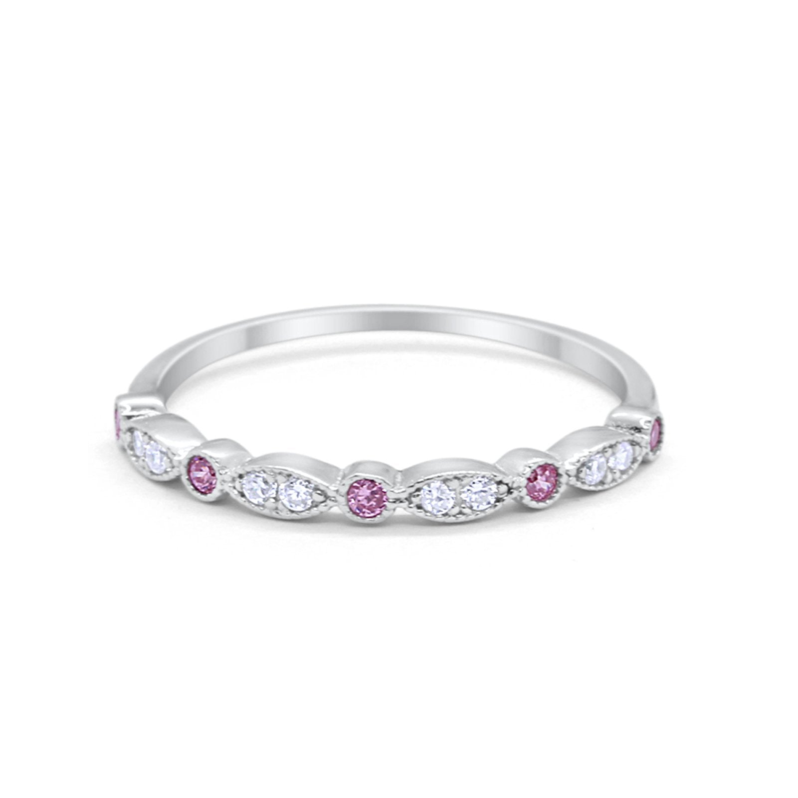 Half Eternity Wedding Band Round Simulated Pink CZ 925 Sterling Silver