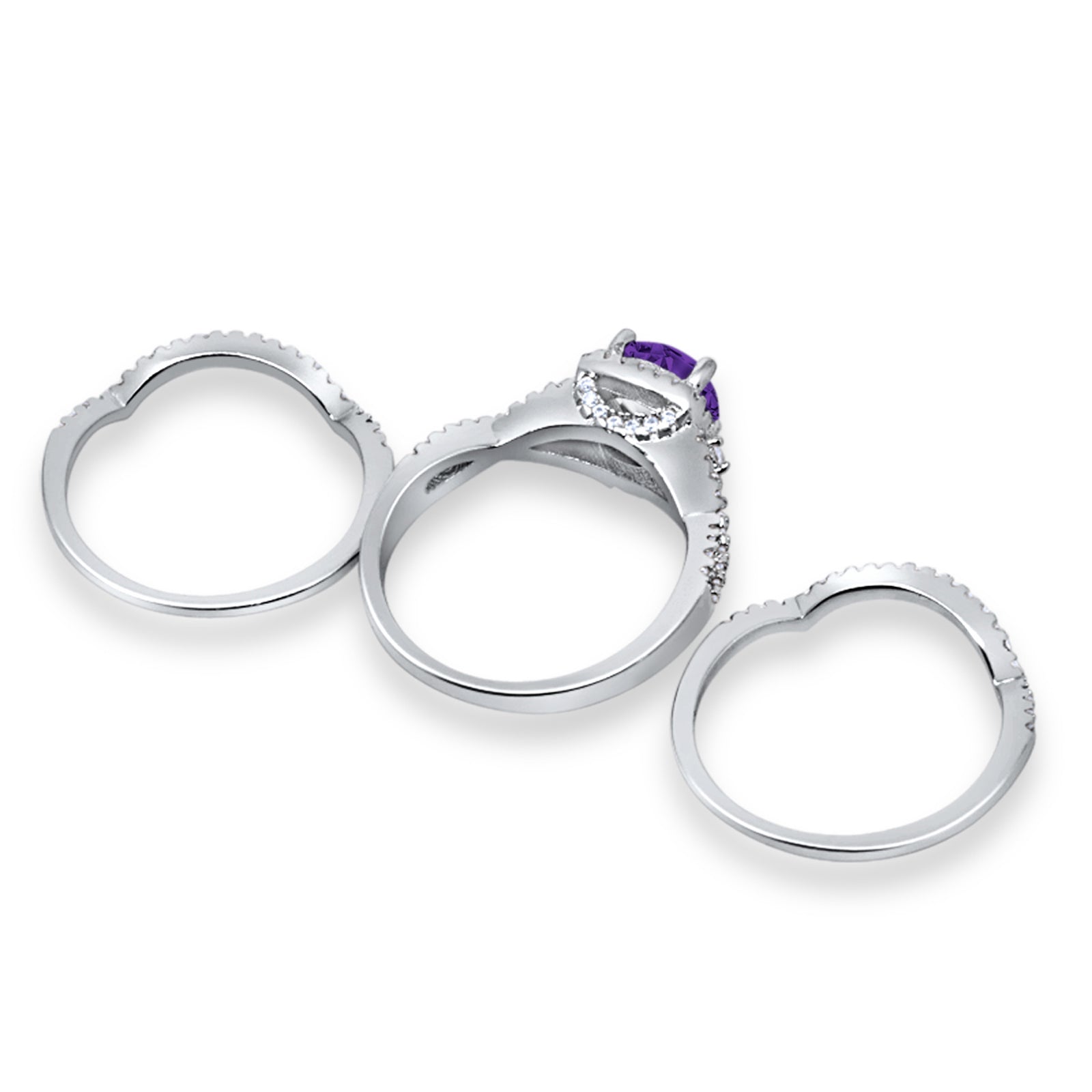 Three Piece Wedding Ring Simulated Amethyst CZ 925 Sterling Silver