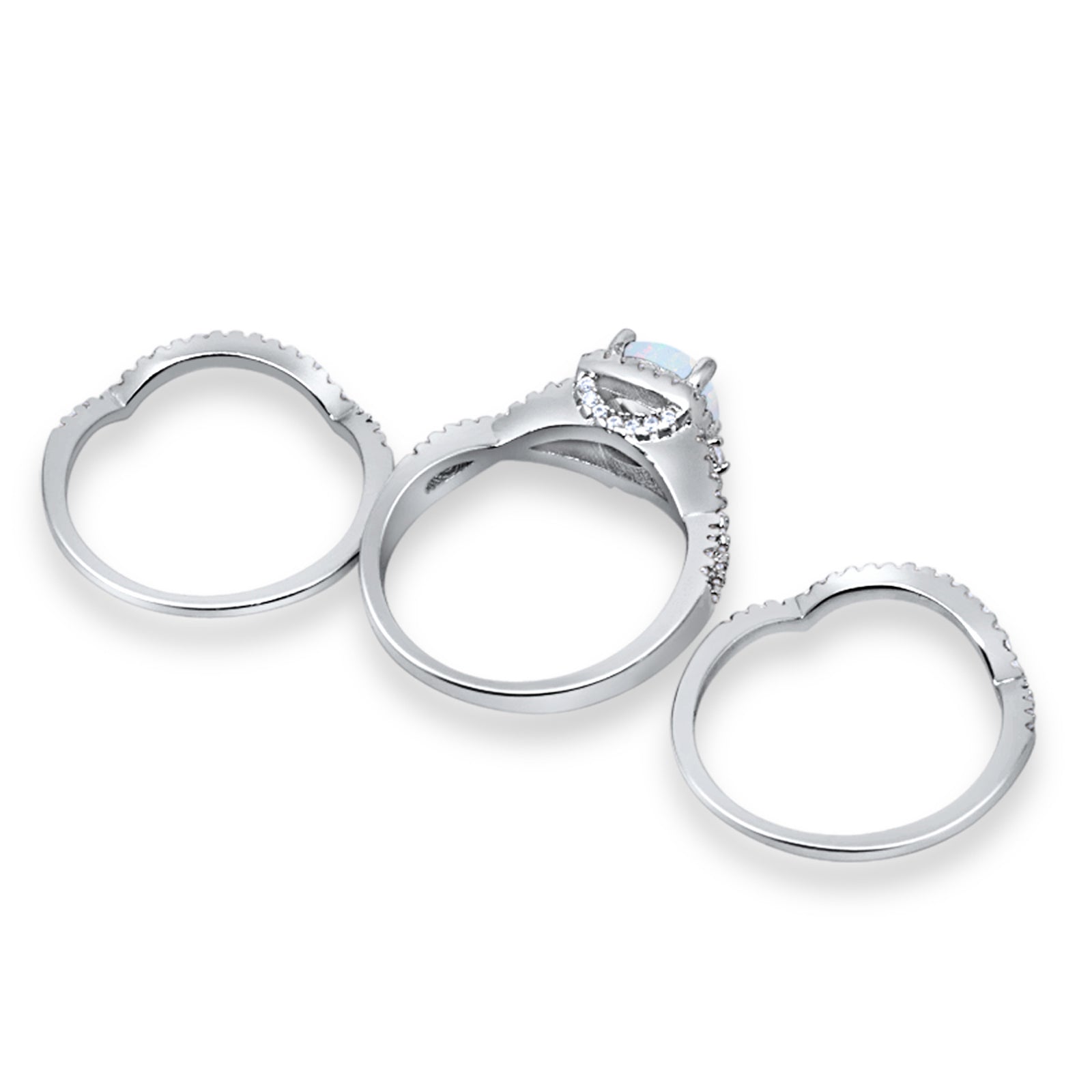 Trio Set Piece Wedding Ring Lab White Opal Round CZ 925 Sterling Silver