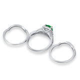 Halo Wedding Trio Piece Ring Simulated Green Emerald CZ 925 Sterling Silver