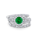 Three Piece Art Deco Bridal Wedding Ring Simulated Green Emerald CZ 925 Sterling Silver