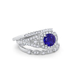 Three Piece Art Deco Bridal Wedding Ring Simulated Blue Sapphire CZ 925 Sterling Silver