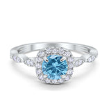 Art Deco Wedding Engagement Ring Round Simulated Aquamarine CZ  Solid 925 Sterling Silver
