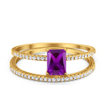 Art Deco Two Piece Wedding Ring Radiant Yellow Tone, Simulated Amethyst CZ 925 Sterling Silver