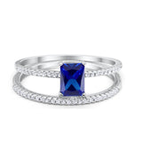 Art Deco Two Piece Wedding Radiant Simulated Blue Sapphire CZ Ring 925 Sterling Silver