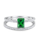 Art Deco Two Piece Wedding Radiant Simulated Emerald CZ Ring 925 Sterling Silver