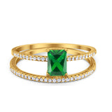 Art Deco Two Piece Wedding Ring Radiant Yellow Tone, Simulated Emerald CZ 925 Sterling Silver