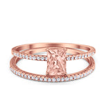 Art Deco Two Piece Wedding Ring Radiant Rose Tone, Simulated Morganite CZ 925 Sterling Silver