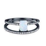 Art Deco Two Piece Wedding Ring Radiant Black Tone, Lab Created White Opal 925 Sterling Silver