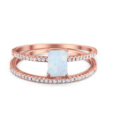 Art Deco Two Piece Wedding Ring Radiant Rose Tone, Lab Created White Opal 925 Sterling Silver