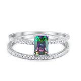 Art Deco Two Piece Wedding Radiant Simulated Rainbow CZ Ring 925 Sterling Silver