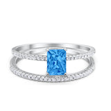 Art Deco Two Piece Wedding Ring Radiant Simulated Blue Topaz CZ 925 Sterling Silver