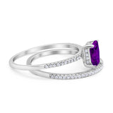 Art Deco Two Piece Wedding Ring Radiant Simulated Amethyst CZ 925 Sterling Silver