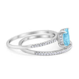 Art Deco Two Piece Wedding Ring Radiant Simulated Aquamarine CZ 925 Sterling Silver