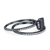 Art Deco Two Piece Wedding Ring Radiant Black Tone, Simulated Black CZ 925 Sterling Silver