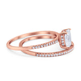 Art Deco Two Piece Wedding Radiant Rose Tone, Simulated Cubic Zirconia Ring 925 Sterling Silver