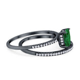 Art Deco Two Piece Wedding Ring Radiant Black Tone, Simulated Emerald CZ 925 Sterling Silver