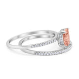 Art Deco Two Piece Wedding Ring Radiant Simulated Morganite CZ 925 Sterling Silver