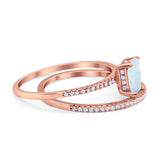 Art Deco Two Piece Wedding Ring Radiant Rose Tone, Lab Created White Opal 925 Sterling Silver