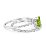 Art Deco Two Piece Wedding Ring Radiant Simulated Peridot CZ 925 Sterling Silver