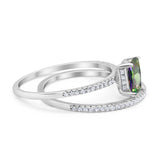 Art Deco Two Piece Wedding Radiant Simulated Rainbow CZ Ring 925 Sterling Silver