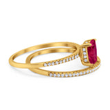 Art Deco Two Piece Wedding Ring Radiant Yellow Tone, Simulated Ruby CZ 925 Sterling Silver