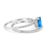 Art Deco Two Piece Wedding Ring Radiant Simulated Blue Topaz CZ 925 Sterling Silver
