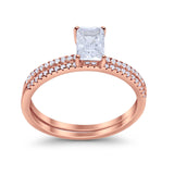 Art Deco Two Piece Wedding Radiant Rose Tone, Simulated Cubic Zirconia Ring 925 Sterling Silver