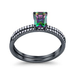 Art Deco Two Piece Wedding Ring Radiant Black Tone, Simulated Rainbow CZ 925 Sterling Silver