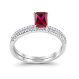 Art Deco Two Piece Wedding Radiant Simulated Ruby CZ Ring 925 Sterling Silver