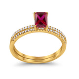 Art Deco Two Piece Wedding Ring Radiant Yellow Tone, Simulated Ruby CZ 925 Sterling Silver