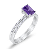 Art Deco Two Piece Wedding Ring Radiant Simulated Amethyst CZ 925 Sterling Silver