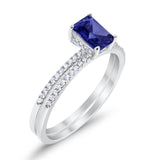 Art Deco Two Piece Wedding Radiant Simulated Blue Sapphire CZ Ring 925 Sterling Silver