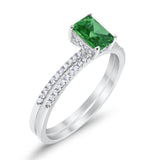 Art Deco Two Piece Wedding Radiant Simulated Emerald CZ Ring 925 Sterling Silver