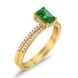 Art Deco Two Piece Wedding Ring Radiant Yellow Tone, Simulated Emerald CZ 925 Sterling Silver