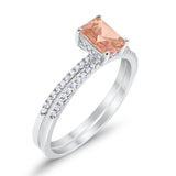 Art Deco Two Piece Wedding Ring Radiant Simulated Morganite CZ 925 Sterling Silver