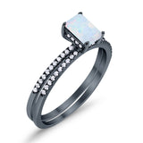 Art Deco Two Piece Wedding Ring Radiant Black Tone, Lab Created White Opal 925 Sterling Silver