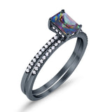 Art Deco Two Piece Wedding Ring Radiant Black Tone, Simulated Rainbow CZ 925 Sterling Silver