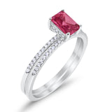 Art Deco Two Piece Wedding Radiant Simulated Ruby CZ Ring 925 Sterling Silver