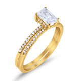 Art Deco Two Piece Wedding Ring Radiant Yellow Tone, Simulated CZ 925 Sterling Silver