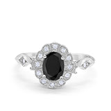 Oval Art Deco Engagement Bridal Ring Simulated Black CZ 925 Sterling Silver