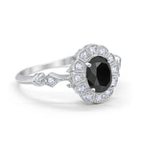 Oval Art Deco Engagement Bridal Ring Simulated Black CZ 925 Sterling Silver