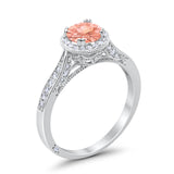 Halo Art Deco Engagement Ring Round Simulated Morganite CZ 925 Sterling Silver