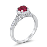 Halo Art Deco Engagement Ring Round Simulated Ruby CZ 925 Sterling Silver