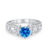 Art Deco Wedding Promise Ring Round Simulated Blue Topaz CZ 925 Sterling Silver