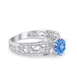 Art Deco Wedding Promise Ring Round Simulated Blue Topaz CZ 925 Sterling Silver