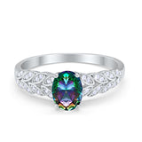 Solitaire Floral Accent Oval Simulated Rainbow CZ Wedding Ring 925 Sterling Silver