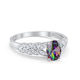 Solitaire Floral Accent Oval Simulated Rainbow CZ Wedding Ring 925 Sterling Silver