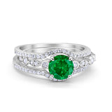 Trio Set Three Piece Wedding Ring Round Simulated Green Emerald CZ 925 Sterling Silver