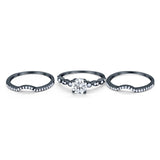 Trio Set Three Piece Wedding Ring Round Black Tone, Simulated Cubic Zirconia 925 Sterling Silver